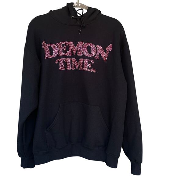 Demon Time Hoodie Womens Large Black Jerzees Nublend Rhinestone Graphic Pullover - Picture 1 of 11